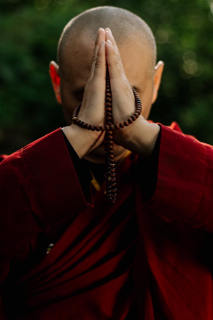 A Buddhist monk meditates with prayer beads clasped in hands, wearing traditional red robes.